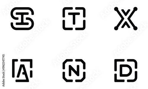 Set of six minimalist black icons with letters and abstract geometric shapes, enclosed in squares, representing branding, technology, and communication.