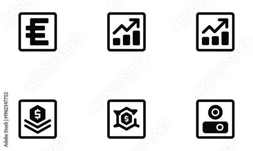 Group of six black icons illustrating financial concepts like currency, investment, and growth charts, alongside a camera icon for business and technology.