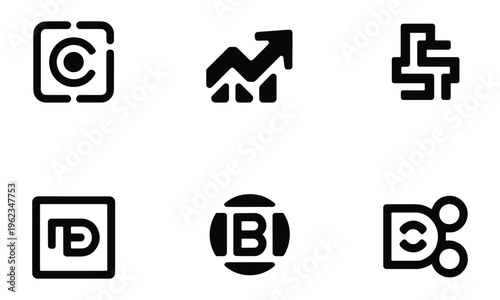 Six stylized black icons in a grid format, featuring abstract shapes, financial charts, and letter combinations for business and technology applications.