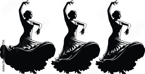 Flamenco dancer silhouettes, cultural expression, Spanish dance, elegant motion, ruffled dress, artistic performance, traditional style, graceful pose, rhythmic movement, celebration
