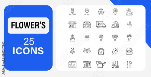 Set of 25 outline icons related to flower. Linear icon collection. Editable stroke. Vector illustration