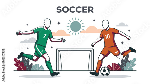 Two soccer players in action, a striker and a defender, around a goalpost