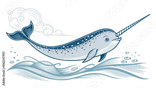 Narwhal swimming near surface with stylized spiral horn and wavy ocean water