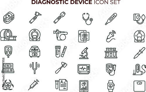 Diagnostic device outline icon set with medical imaging monitoring laboratory equipment symbols for healthcare apps dashboards interfaces presentations education materials