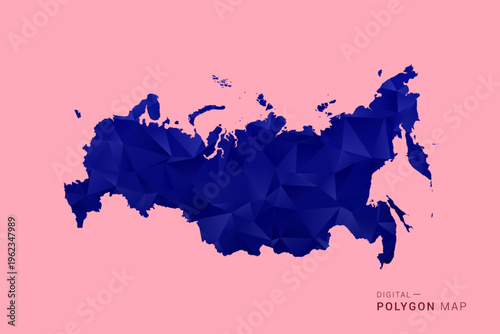 Russia Map - Low poly polygon map in deep blue gradient on soft pink pastel background, modern minimal geometric design, clean digital vector illustration.