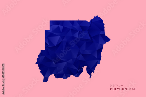 Sudan Map - Low poly polygon map in deep blue gradient on soft pink pastel background, modern minimal geometric design, clean digital vector illustration.