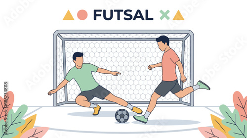 Futsal game illustration with two male players, a goal, and a ball