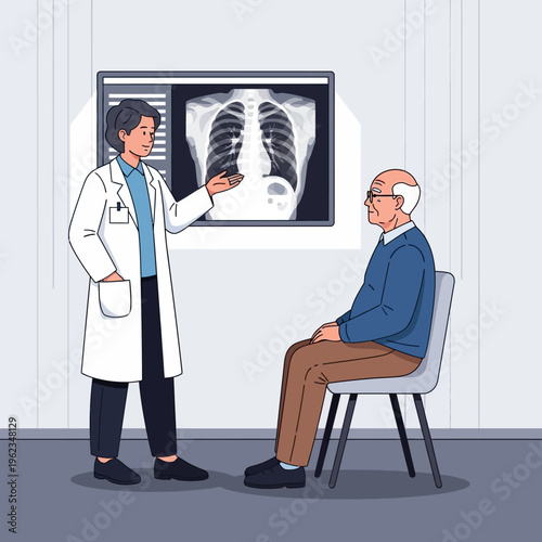 Doctor explaining chest x-ray to elderly patient in clinic