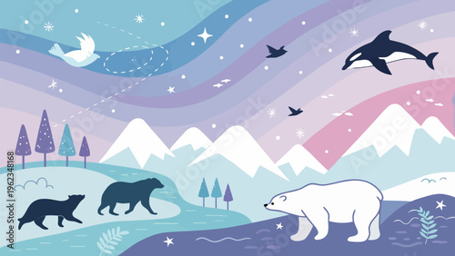 Arctic landscape with polar bears orca and wildlife in a pastel gradient background with abstract shapes and northern lights