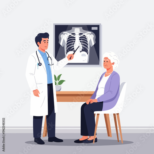Doctor Explains X-ray to Elderly Patient in Clinic