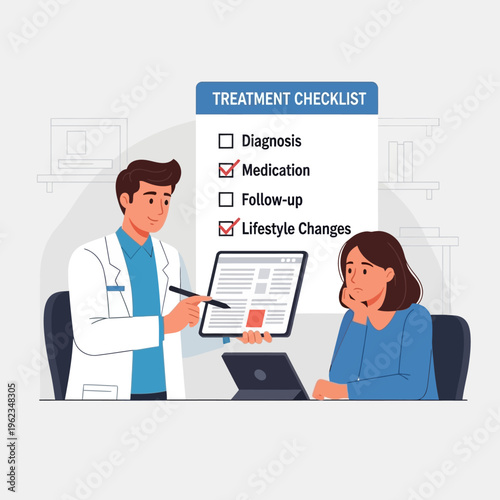 Doctor Explains Treatment Checklist to Patient on Tablet