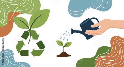 Nurturing Sustainable Growth: Hand Watering Plant with Recycle Symbol. Eco-Friendly Concept for Environmental Care and Green Future Illustration.
