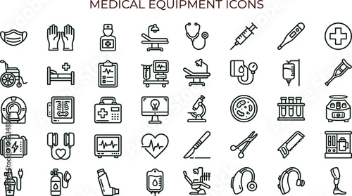 Medical equipment outline icon set with hospital diagnostic monitoring devices symbols for healthcare apps dashboards interfaces presentations education materials