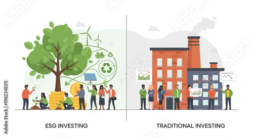 ESG Investing vs. Traditional Investment Strategies Comparison. Sustainable and Ethical Finance for Environmental, Social, and Governance Impact.