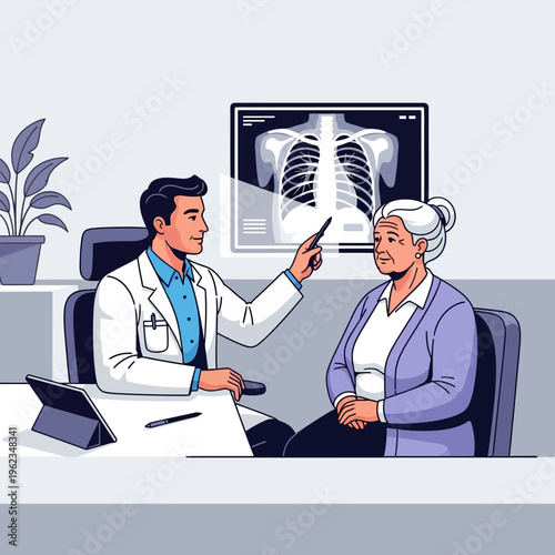 Doctor Explains X-ray to Elderly Patient in Medical Office