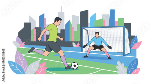 Football Player Kicking Ball Towards Goal with Goalkeeper in Urban Setting