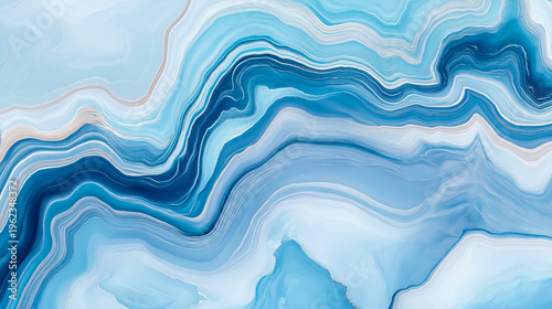 Elegant Abstract Blue Marble Texture: Flowing Waves of Aqua, Sky, and Deep Ocean Hues with Delicate White and Beige Swirls, Modern Fluid Art Background