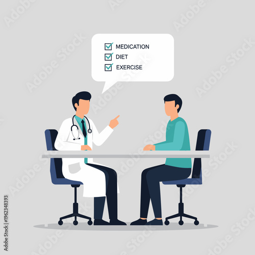 Doctor advising patient on health checklist: medication, diet, exercise, consultation, healthcare, medical advice