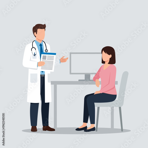 Doctor consulting patient in clinic office, medical checkup, healthcare and wellness concept