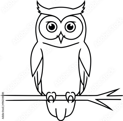 Simple and friendly cartoon owl illustration in black outline, perched calmly on a slender branch, representing wisdom, knowledge, and nocturnal nature, isolated on a clean white background.