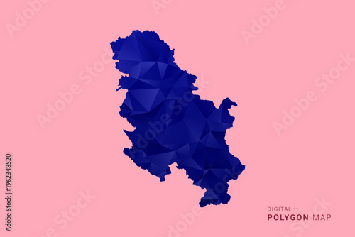 Serbia Map - Low poly polygon map in deep blue gradient on soft pink pastel background, modern minimal geometric design, clean digital vector illustration.