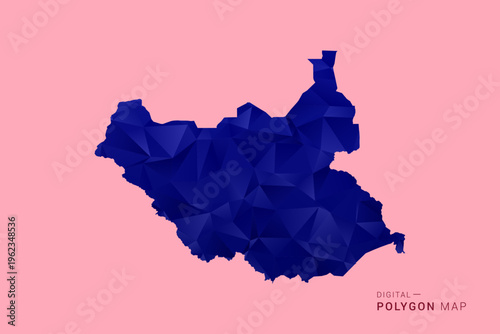 South Sudan Map - Low poly polygon map in deep blue gradient on soft pink pastel background, modern minimal geometric design, clean digital vector illustration.