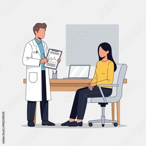 Doctor consulting patient in clinic, holding medical chart with heart rhythm