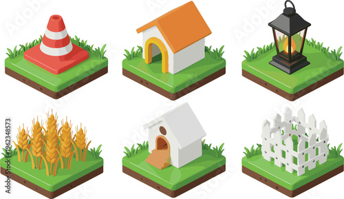 Isometric outdoor objects, traffic cone, small house, lantern light, wheat stalks, birdhouse design, picket fence, grassy platform, stylized illustration