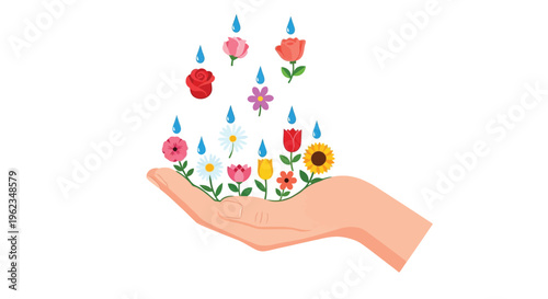 A hand nurturing a variety of colorful flowers with raindrops falling gently on them