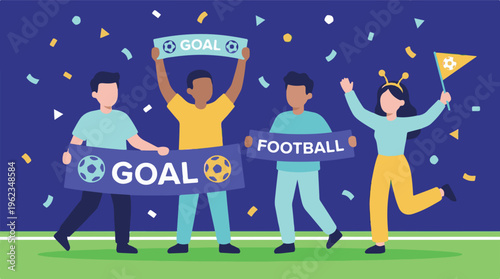 Diverse group of football fans celebrating a goal with banners and confetti