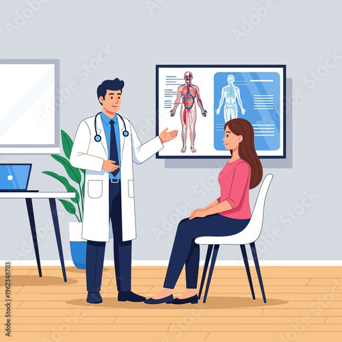 Doctor Consults Patient in Medical Office with Anatomy Chart