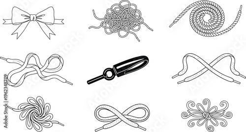 Black and white shoe lace icon set featuring various tied bows tangled strings spiral rope ribbon bow knot and metal aglet tips for fashion design