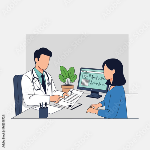 Doctor Consults Patient, Shows Medical Report in Office with ECG Monitor