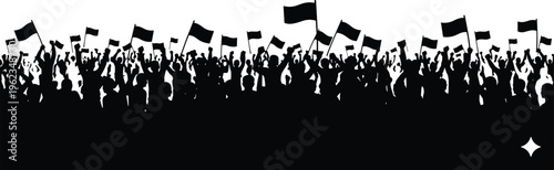 Large crowd silhouettes, protest flags, unity demonstration, activism gathering, social movement, public celebration, collective energy, political rally, freedom expression, solidarity