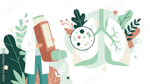 Doctor with inhaler, showing lungs and lung microbiome illustration