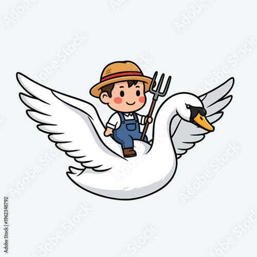 A cartoon farmer, wearing overalls and a straw hat, rides a white swan holding a pitchfork. The swan has wings spread. Background is a light blue