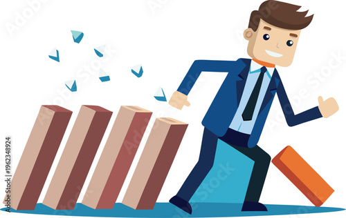 A happy businessman running past falling dominoes, symbolizing overcoming business risks, crisis management, and the domino effect in strategy.