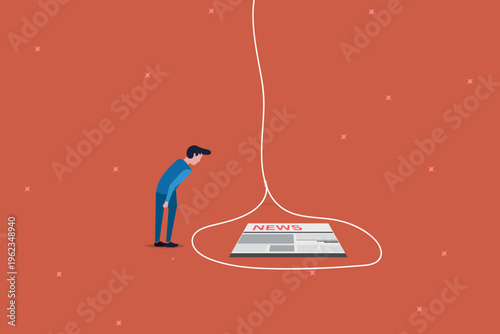 Business risk and misinformation, a man lured into a news rope trap on a red background, illustration of being trapped