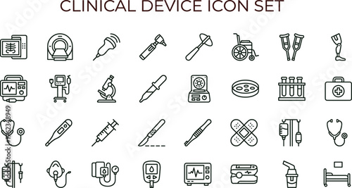 Clinical device outline icon set with hospital diagnostic equipment monitoring tools symbols for healthcare apps dashboards interfaces presentations education materials