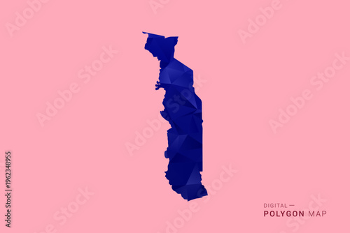 Togo Map - Low poly polygon map in deep blue gradient on soft pink pastel background, modern minimal geometric design, clean digital vector illustration.
