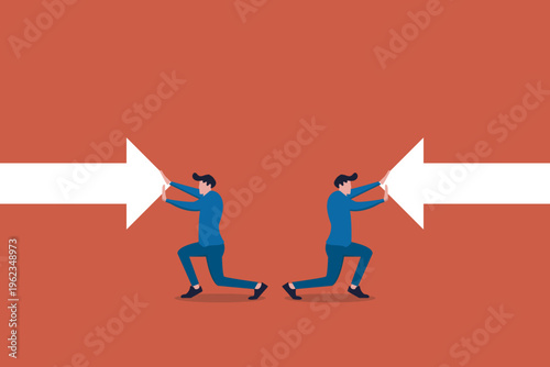 Businessman pushing arrow with full effort. concept of Survive investment , crisis or recession, pushing back, business challenge, economic recession