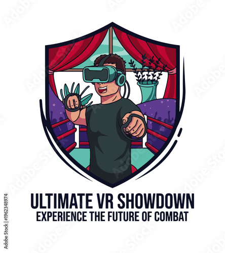 Illustration of a person wearing virtual reality headset playing a video game inside a shield shape Best Selling T-shirt Design