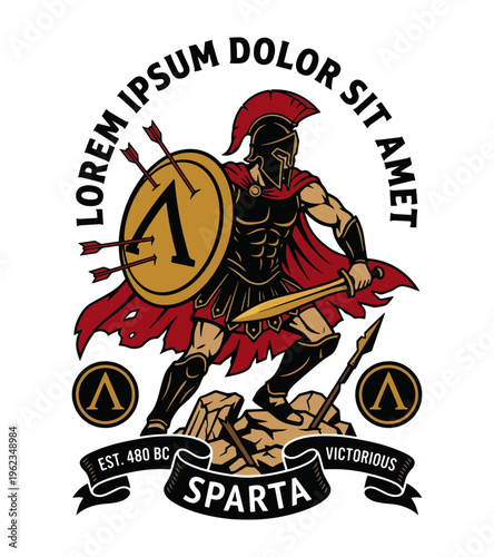 Illustrative depiction of a formidable Spartan warrior in full battle armor holding a sword and shield ready for combat on rocky terrain Best Selling T-shirt Design