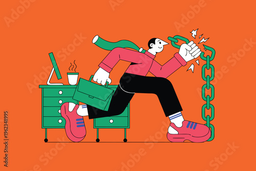 Businessman Breaking Chains and Escaping Office Desk Concept Illustration