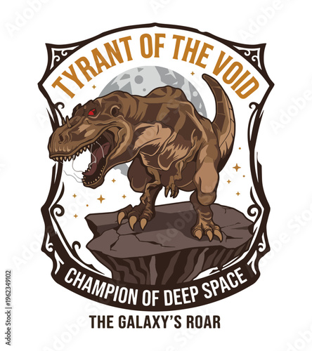 Tyrannosaurus Rex roaring on a rocky planet with a moon in the background and star accents Best Selling T-shirt Design