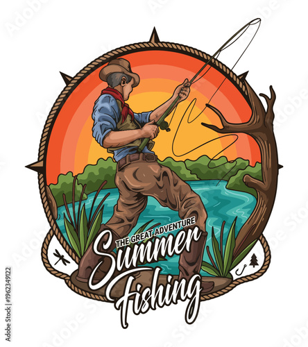 Vintage styled man fishing on a summer day near a lake with colorful sunset sky and reeds surrounding Best Selling T-shirt Design