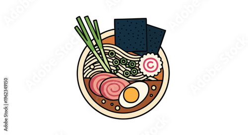 A colorful, illustrative rendering of a Japanese noodle dish in a bowl. It features noodles, various toppings, and a boiled egg. The art style is simplified