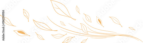 Minimalist illustration of light green and subtle orange autumn leaves gracefully falling and blowing in a gentle breeze across a clean off-white background with a faint tree silhouette.