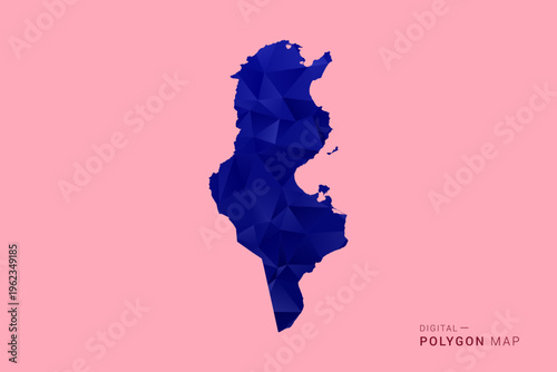 Tunisia Map - Low poly polygon map in deep blue gradient on soft pink pastel background, modern minimal geometric design, clean digital vector illustration.