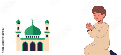 Muslim Boy Praying Namaz Beside Mosque Illustration with Islamic Worship Concept, Ramadan Kareem Religious Vector Design on White Background